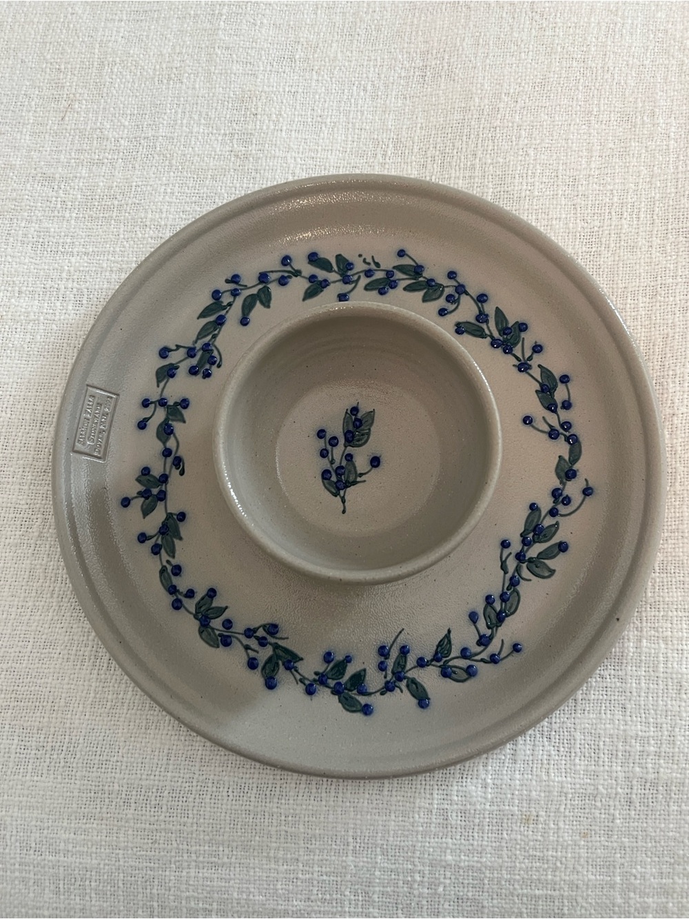 Salmon Falls Stoneware Chip & Dip Platter in Blueberry & Green Vine Pattern 2002